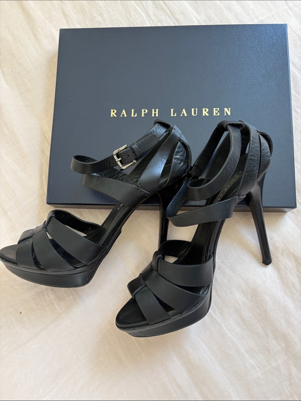 Ralph Lauren Collection Black Leather Strappy Platform Heels
